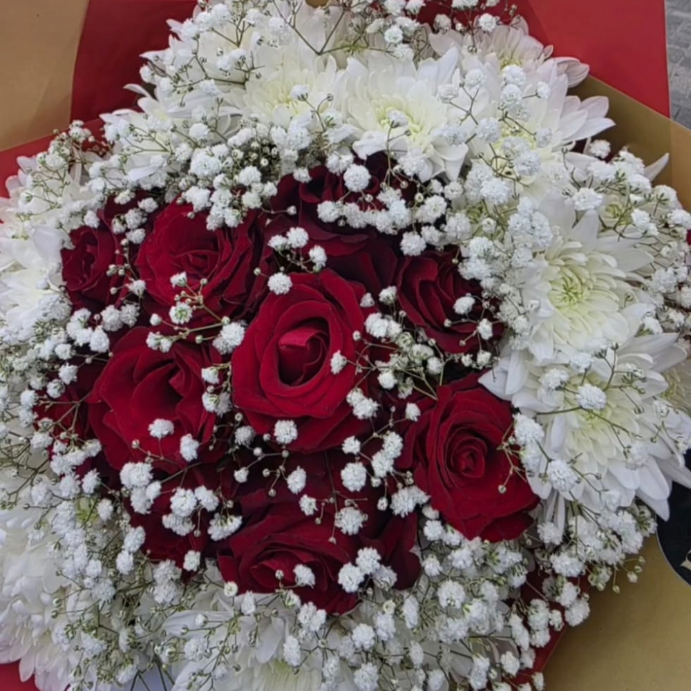 Classic Red Roses with White Chrysanthemums and Baby's Breath